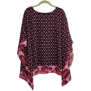 JM Collection Womens Poncho Top Large Black Pink Floral Boho Sheer Scarf Hem
